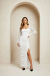 White Square Neck Ruched Maxi Dress with Side Slit