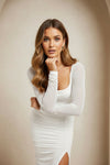White Square Neck Ruched Maxi Dress with Side Slit