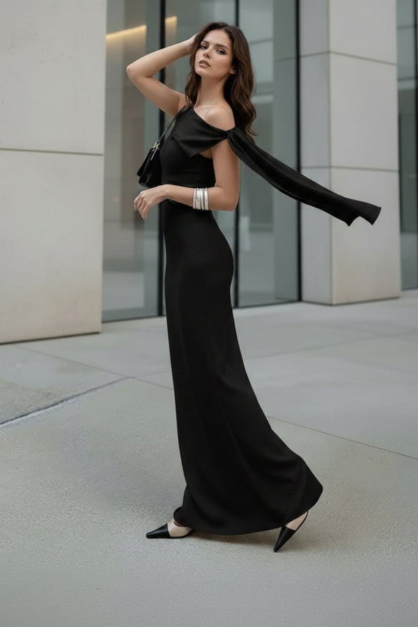 Midnight Black One-Shoulder Lycra Bodycon Maxi Dress