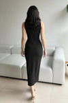 Black Ruched High-Neck Lycra Bodycon Dress