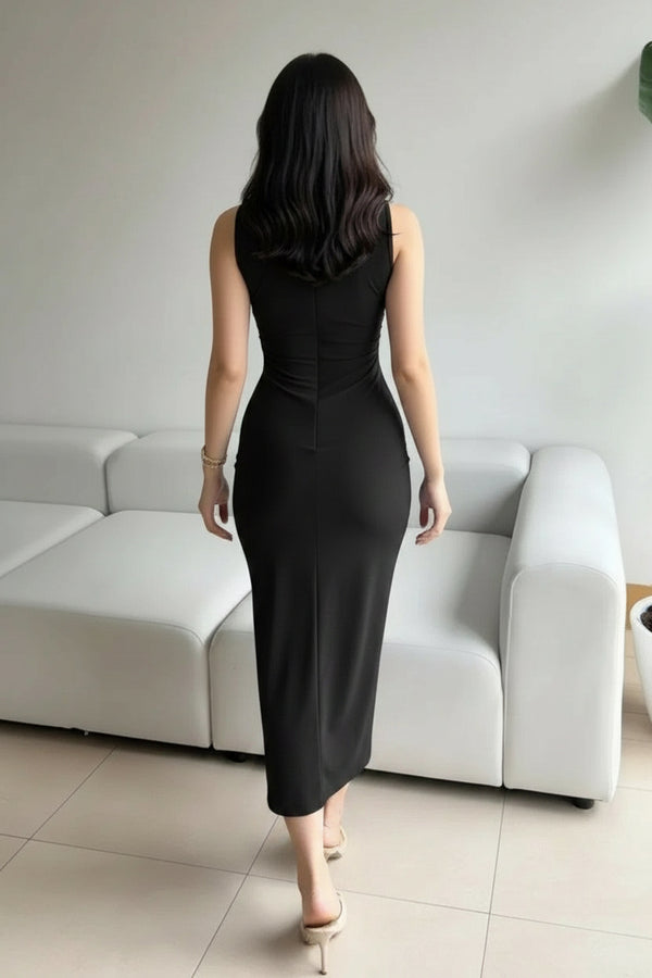 Black Ruched High-Neck Lycra Bodycon Dress