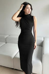 Black Ruched High-Neck Lycra Bodycon Dress