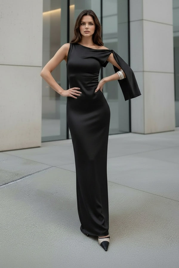 Midnight Black One-Shoulder Lycra Bodycon Maxi Dress