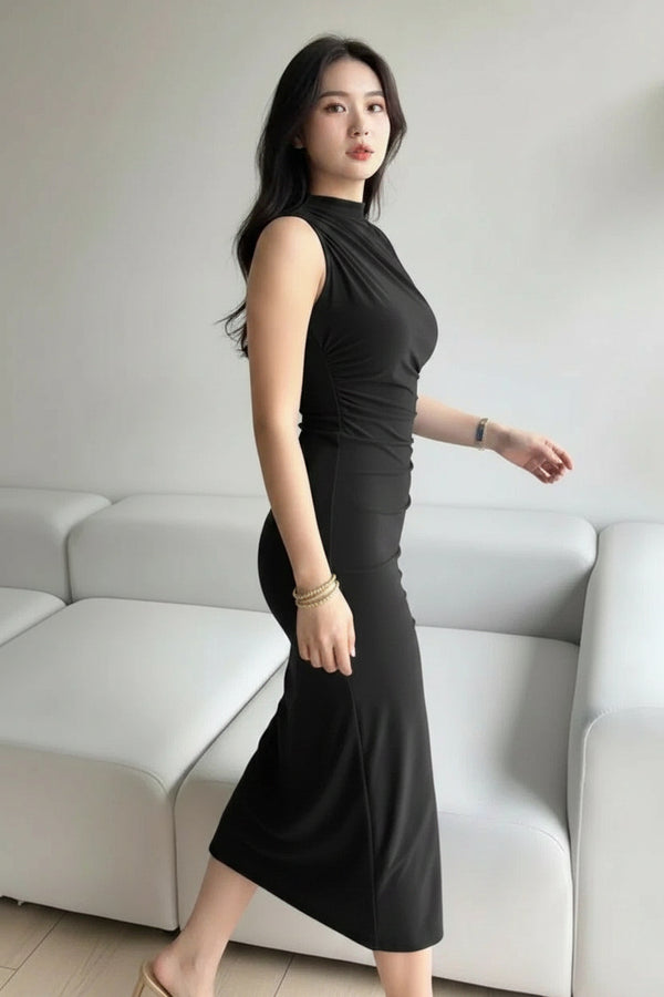 Black Ruched High-Neck Lycra Bodycon Dress