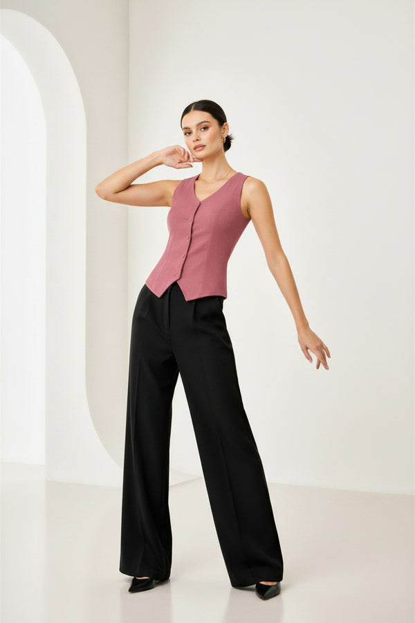 Peach Sleeveless Tailored Button Front Top