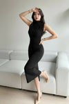 Black Ruched High-Neck Lycra Bodycon Dress