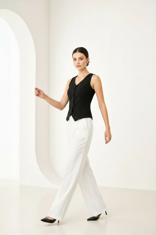 Black Sleeveless Tailored Button Front Top