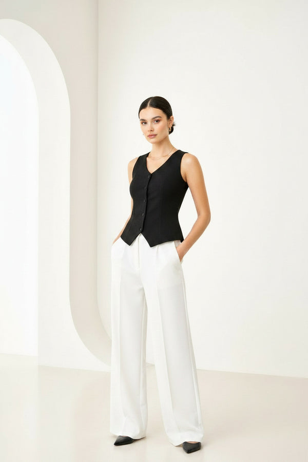 Black Sleeveless Tailored Button Front Top