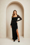 Black Square Neck Ruched Maxi Dress with Side Slit