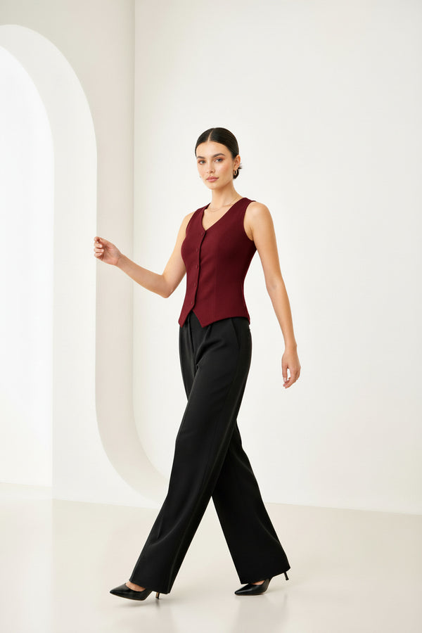 Maroon Sleeveless Tailored Button Front Top