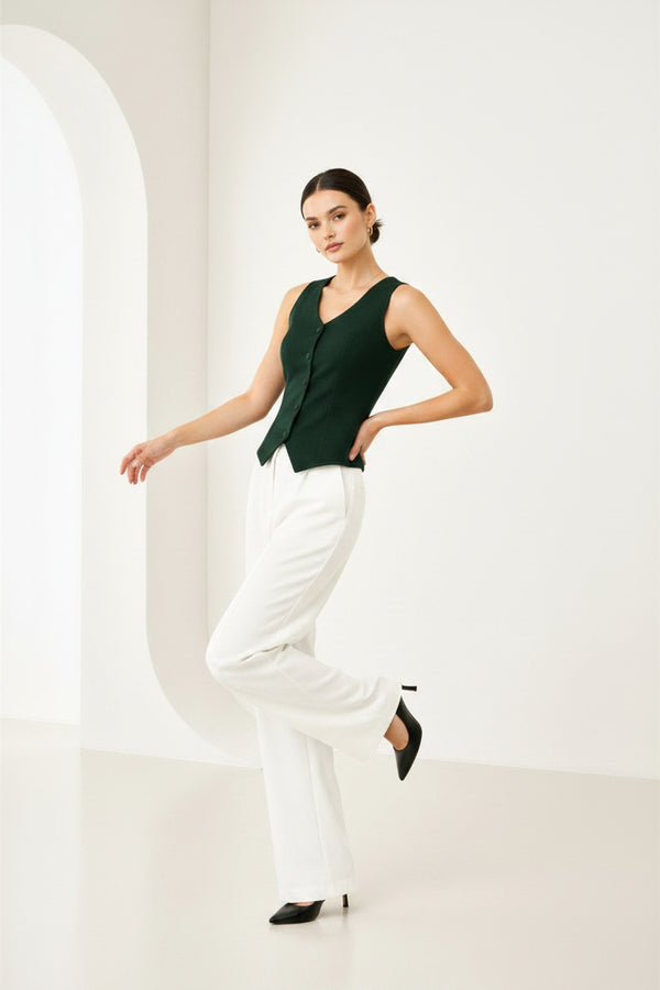 Forest Green Sleeveless Tailored Button Front Top