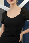 Black Ruched Ruffle Hem Midi Dress