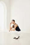 Navy Blue Sleeveless Tailored Button Front Top