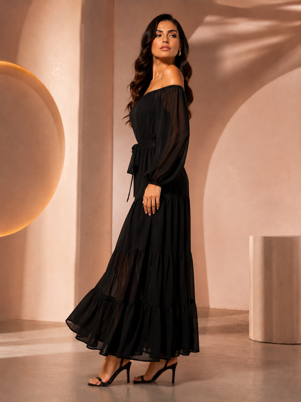 Black Off-Shoulder Tiered Maxi Dress with Waist Tie