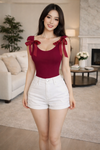 Wine Red Bow Strap Sleeveless Fitted Top for Women
