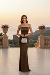 Espresso Brown Satin Ruched Mermaid Evening Gown