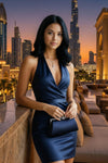Navy Blue Halter-Neck Satin Bodycon Mini Dress - GARMENT2FASHION