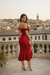 Red Off-Shoulder Cowl Neck Ruffle Hem Midi Dress - GARMENT2FASHION