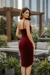 Wine Red Velvet Wrap-Style Bodycon Mini Dress - GARMENT2FASHION