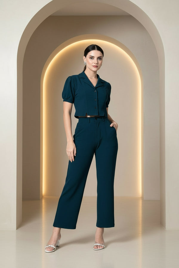 Teal Blue Solid Women’s Co-ord Set for Casual Wear - GARMENT2FASHION