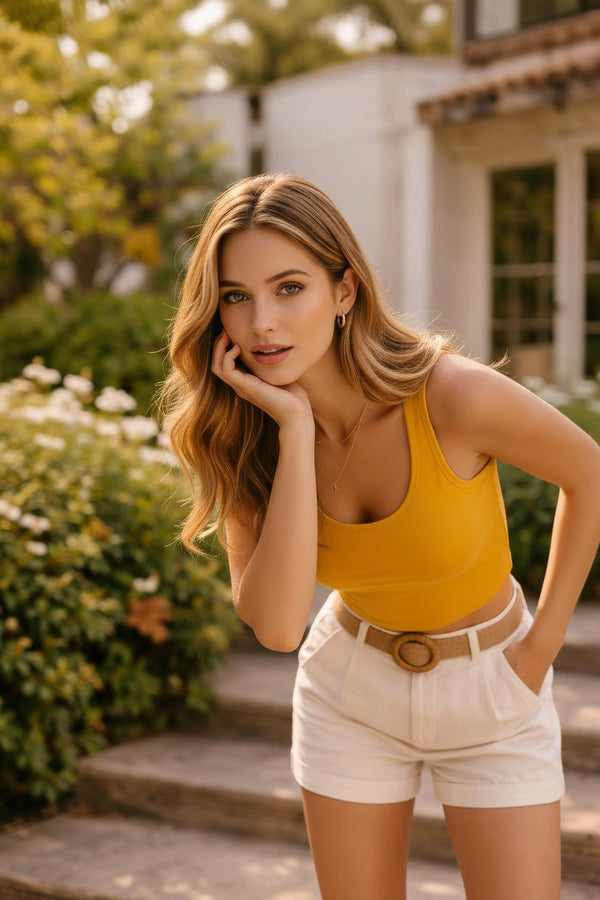 Mustard Yellow Ribbed Sleeveless Tank Top – Slim Fit Casual Summer Basic