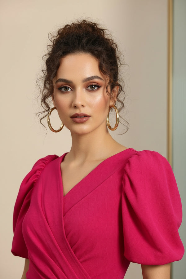 Hot Pink Puff Sleeve Tulip Wrap Mini Dress