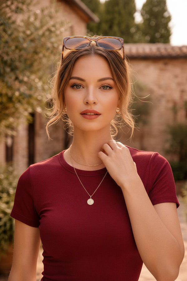 Deep Maroon Short Sleeve Ribbed Crew Neck T-shirt