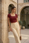 Red Square Neck Ribbed Fitted Crop Top