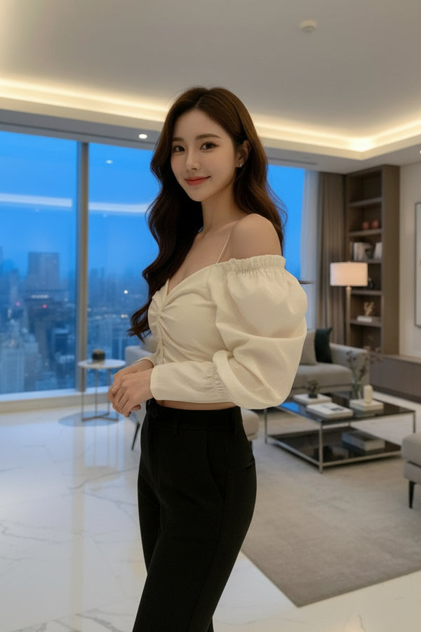 Off-White Sweetheart Neckline Puff Sleeve Crop Top - GARMENT2FASHION