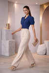 Navy Blue Puff Sleeve Collared Crop Top with Button-Down Detail