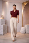 Maroon Puff Sleeve Collared Crop Top with Button-Down Detail