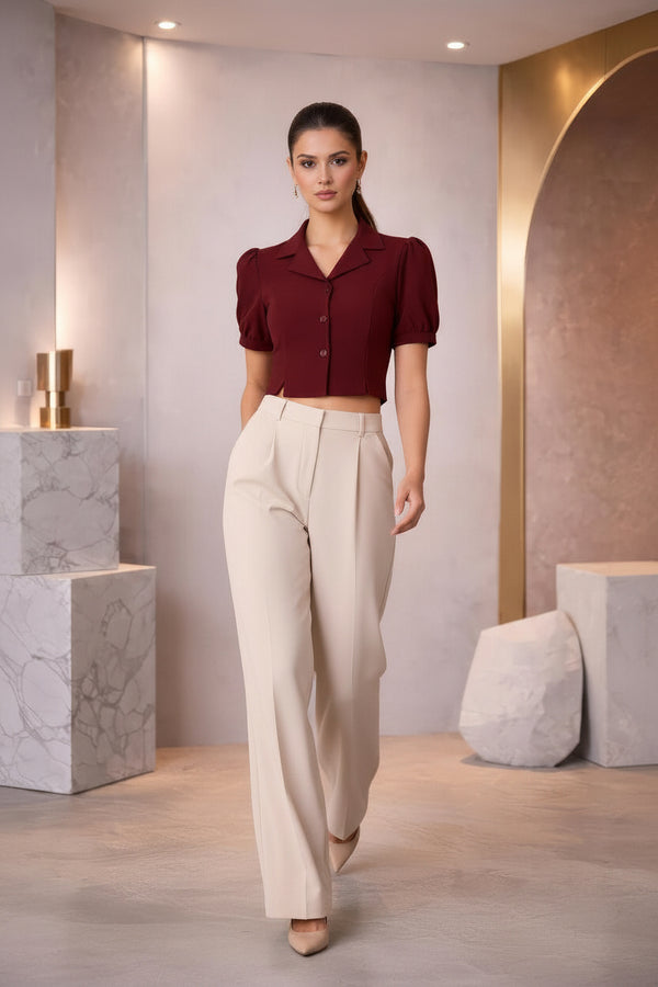 Maroon Puff Sleeve Collared Crop Top with Button-Down Detail