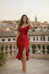 Red Off-Shoulder Cowl Neck Ruffle Hem Midi Dress - GARMENT2FASHION