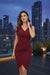 Maroon V-Neck Ruched Bodycon Mini Dress - GARMENT2FASHION