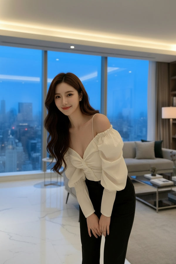 Off-White Sweetheart Neckline Puff Sleeve Crop Top - GARMENT2FASHION