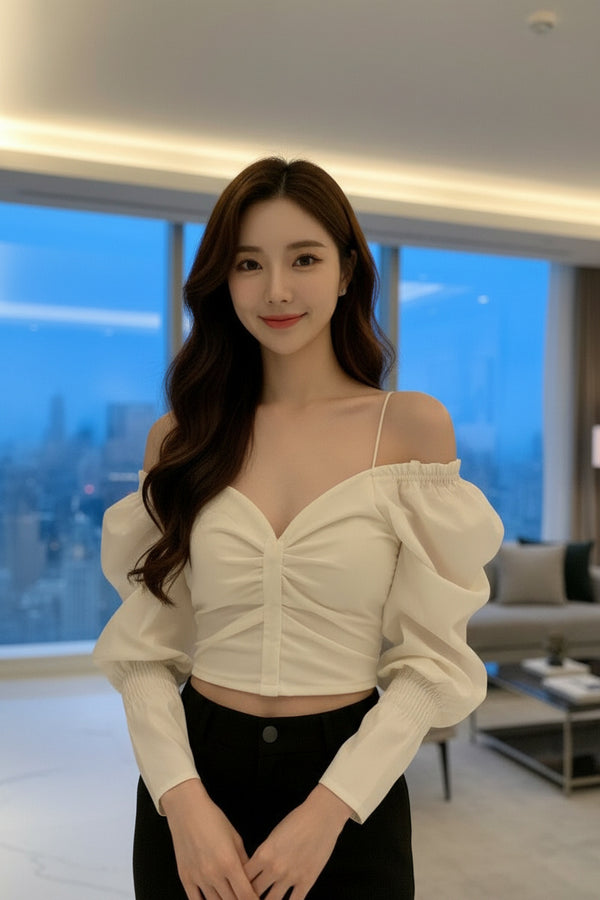 Off-White Sweetheart Neckline Puff Sleeve Crop Top - GARMENT2FASHION