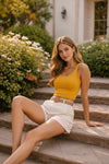 Mustard Yellow Ribbed Sleeveless Tank Top – Slim Fit Casual Summer Basic