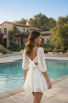 White Square Neck Fit & Flare Mini Dress with Sheer Puff Sleeves & Tie-Back Detail