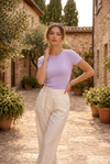 Lavender Fitted Crew Neck Basic Top – Soft Stretch Everyday Tee