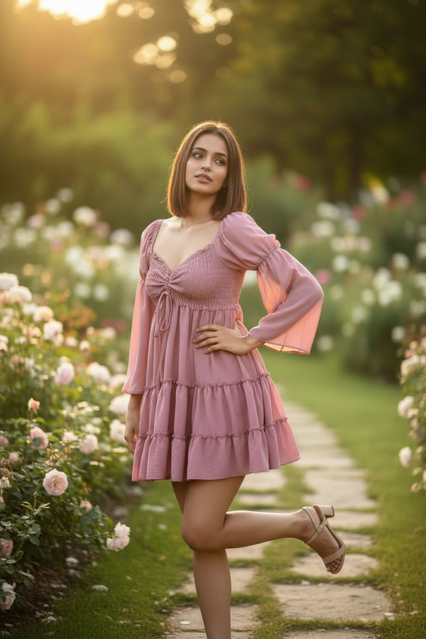 Pink Smocked Mini Dress with Puff Sleeves