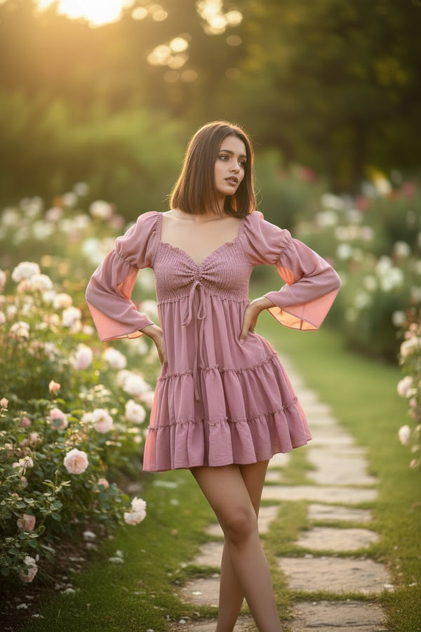 Pink Smocked Mini Dress with Puff Sleeves