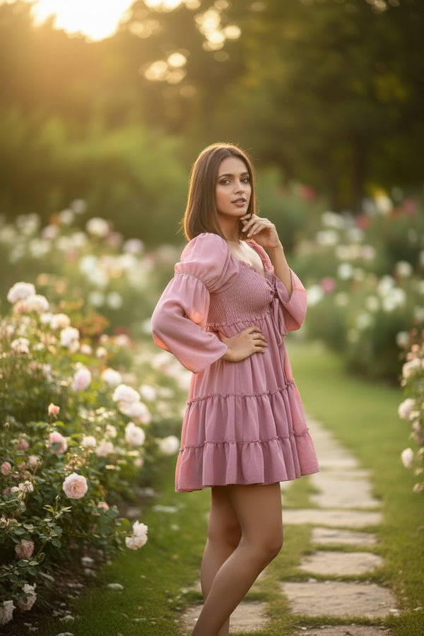 Pink Smocked Mini Dress with Puff Sleeves