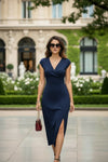 Navy Blue Wrap Neck Side Slit Midi Dress