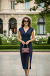 Navy Blue Wrap Neck Side Slit Midi Dress