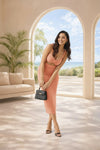 Peach Cut-Out Ruched Bodycon Midi Dress