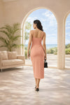 Peach Cut-Out Ruched Bodycon Midi Dress