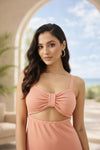 Peach Cut-Out Ruched Bodycon Midi Dress