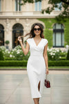 White Cap Sleeve Wrap Neck Midi Dress