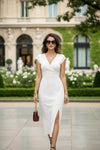 White Cap Sleeve Wrap Neck Midi Dress