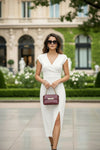 White Cap Sleeve Wrap Neck Midi Dress